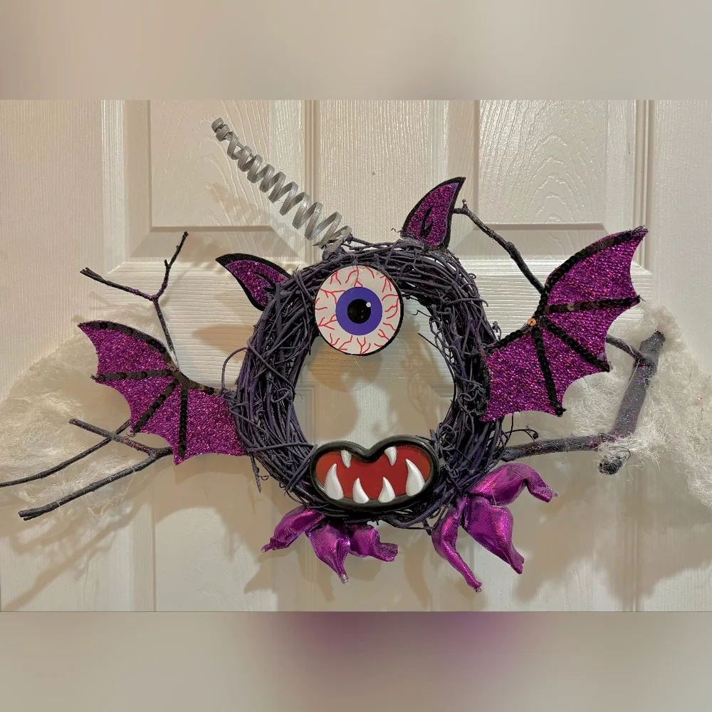 Purple Bat Wreath with Eye and Fangs